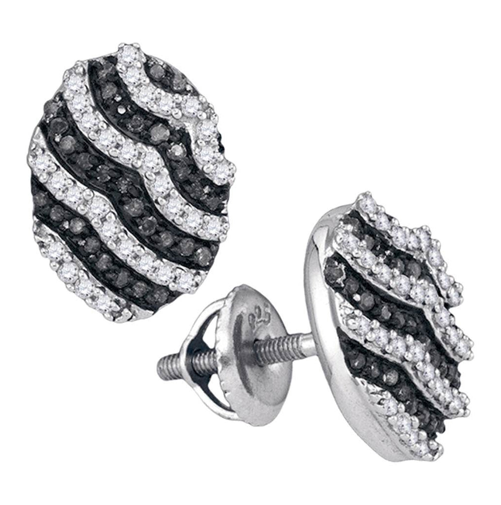 10kt White Gold Womens Round Black Color Enhanced Diamond Oval Stripe Cluster Earrings 1/2 Cttw