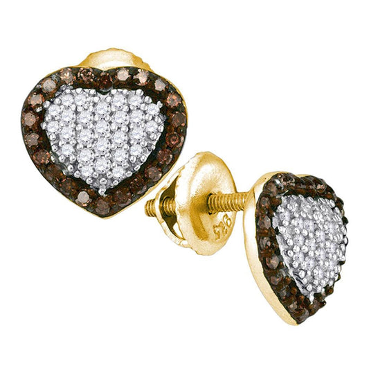 10kt Yellow Gold Womens Brown Diamond Heart Cluster Earrings 1/2 Cttw