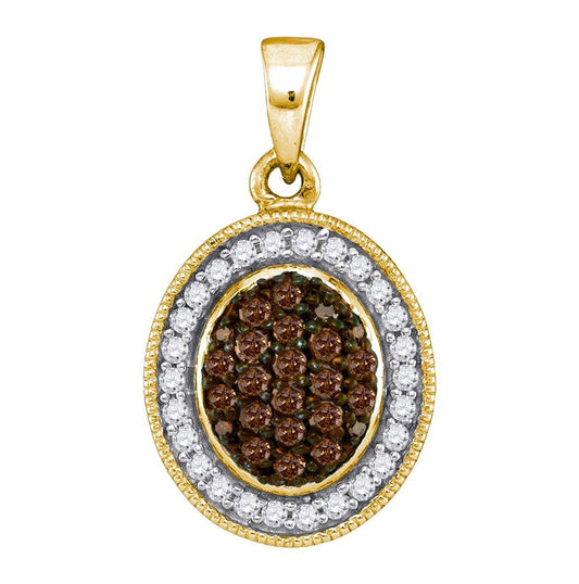 10kt Yellow Gold Womens Round Brown Diamond Oval Frame Cluster Pendant 1/3 Cttw