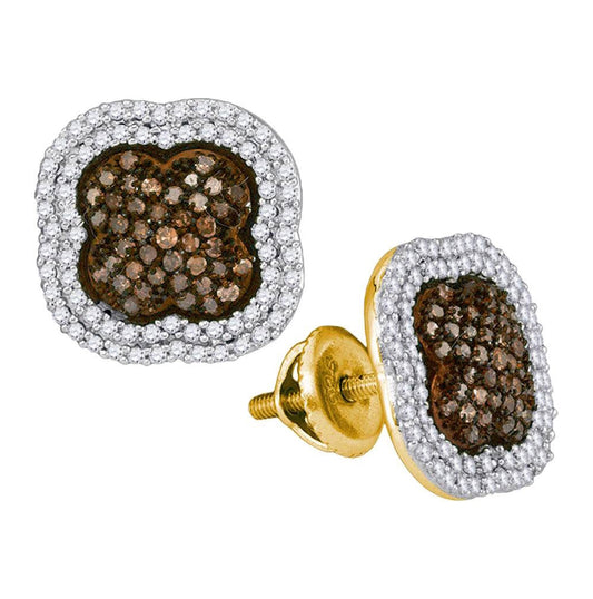 10kt Yellow Gold Womens Round Brown Diamond Quatrefoil Cluster Earrings 3/4 Cttw