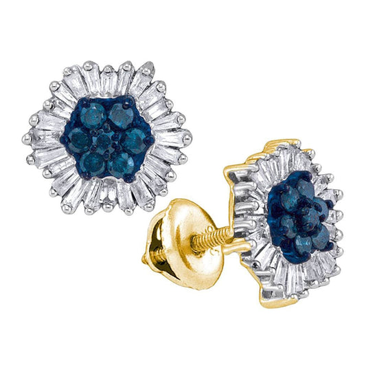 10kt Yellow Gold Womens Color Enhanced Blue Diamond Octagon Cluster Earrings 7/8 Cttw