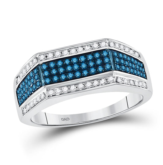 10K White Gold Mens Round Blue Color Enhanced Diamond Band Ring 3/4 Cttw, Mens Size: 7-13