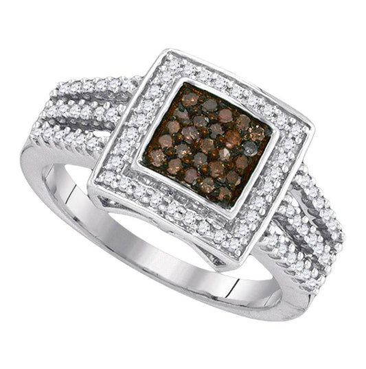 10kt White Gold Womens Round Brown Diamond Square Cluster Ring 1/2 Cttw