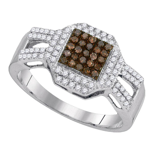 10kt White Gold Womens Round Brown Diamond Square Cluster Ring 3/8 Cttw