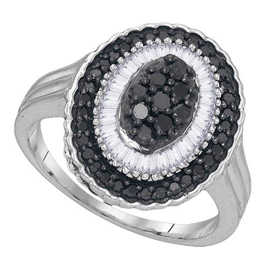 Sterling Silver Womens Round Black Color Enhanced Diamond Oval Cluster Ring 3/4 Cttw