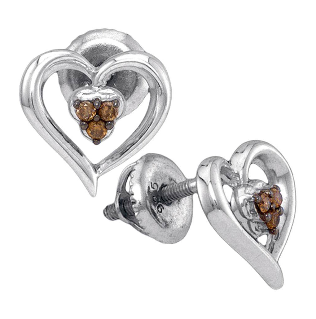 Sterling Silver Womens Round Brown Diamond Heart Earrings 1/20ctw