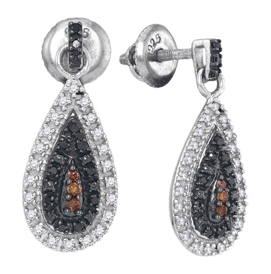 Sterling Silver Womens Round Black Color Enhanced Diamond Teardrop Dangle Earrings 1/3 Cttw