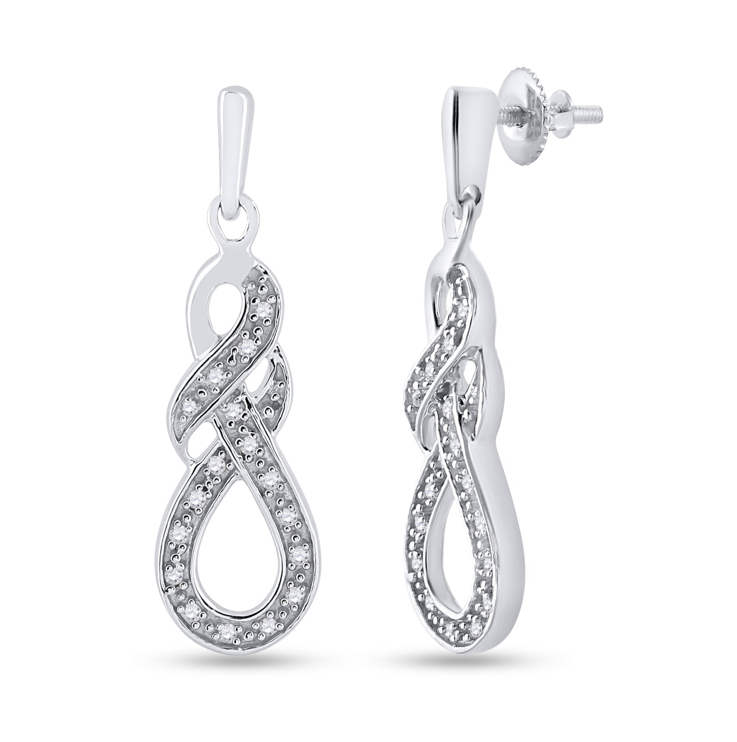 Sterling Silver Womens Round Diamond Dangle Earrings 1/8ctw