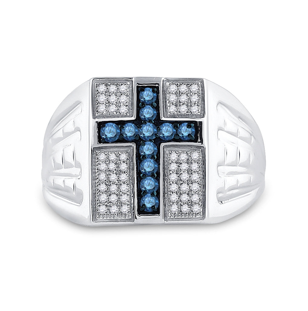 Sterling Silver Mens Round Blue Color Enhanced Diamond Cross Religious Ring 1/2 Cttw, Mens Size: 7-13