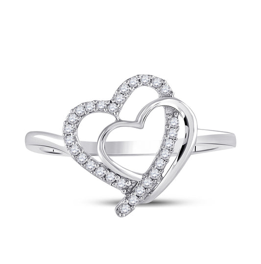 Sterling Silver Womens Round Diamond Double Heart Ring 1/6 Cttw, Womens Size: 5-10