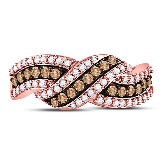 10K Rose Gold Womens Round Brown Diamond Crossover Band Ring 3/4 Cttw, Womens Size: 5-10