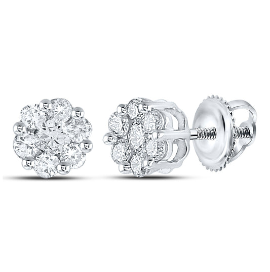14K White Or Yellow Gold Womens Round Diamond Flower Cluster Earrings