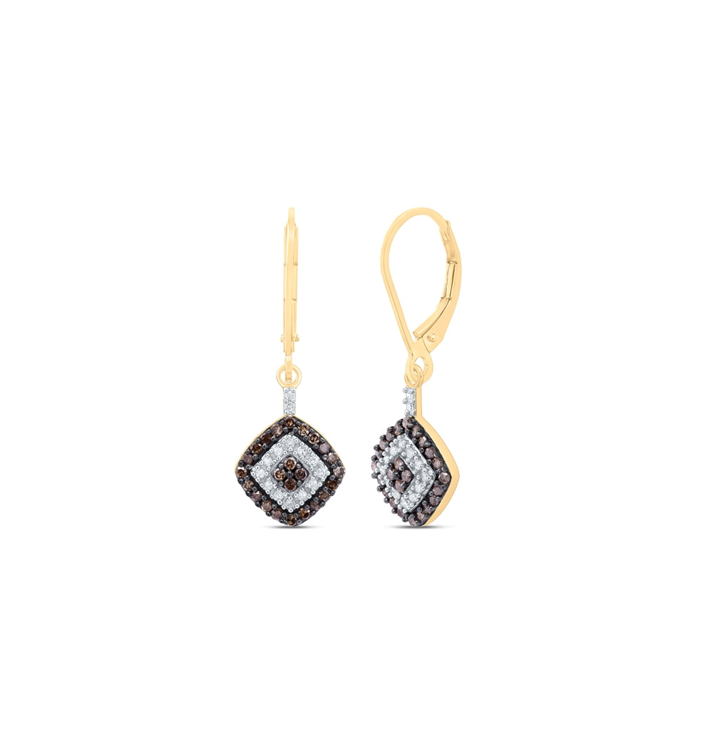 10K Yellow Gold Womens Round Brown Diamond Square Dangle Earrings 1/2 Cttw