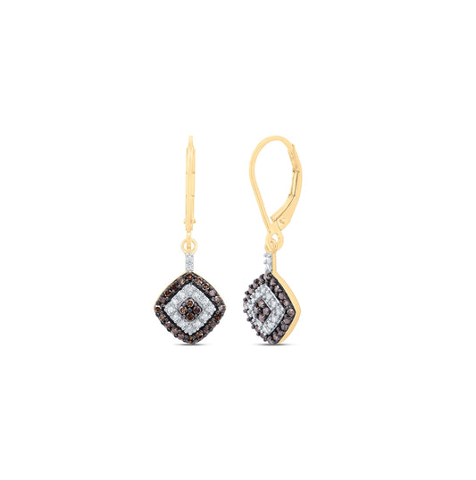 10K Yellow Gold Womens Round Brown Diamond Square Dangle Earrings 1/2 Cttw