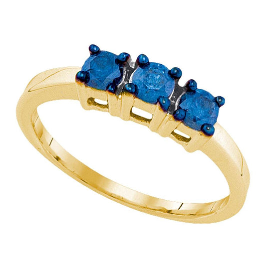 10kt Yellow Gold Womens Round Blue Color Enhanced Diamond 3-stone Bridal Wedding Engagement Ring 1/2 Cttw