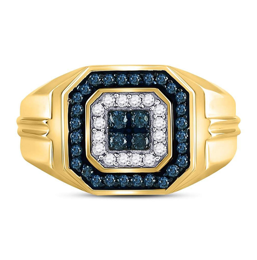 10K Yellow Gold Mens Round Blue Color Enhanced Diamond Square Ring 5/8 Cttw, Mens Size: 7-13