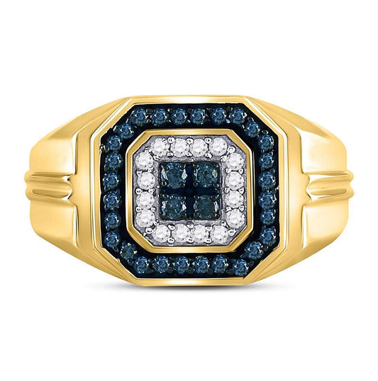 10K Yellow Gold Mens Round Blue Color Enhanced Diamond Square Ring 5/8 Cttw, Mens Size: 7-13