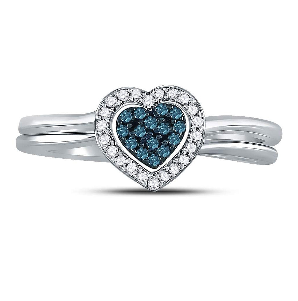 Sterling Silver Womens Round Blue Color Enhanced Diamond Heart Bridal Wedding Set 1/8 Cttw, Womens Size: 5-10