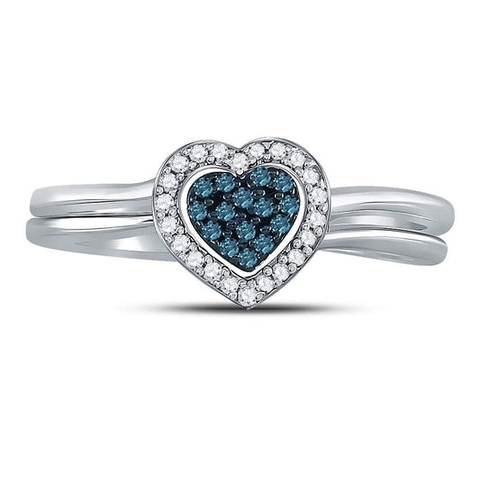 Sterling Silver Womens Round Blue Color Enhanced Diamond Heart Bridal Wedding Set 1/8 Cttw, Womens Size: 5-10