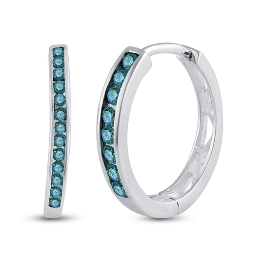 10K White Gold Womens Round Blue Color Enhanced Diamond Hoop Earrings 1/4 Cttw, Length: 0.56 In, Width: 0.1 In