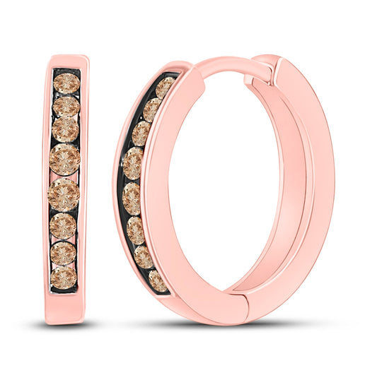 10K Rose Gold Womens Round Brown Diamond Hoop Earrings 1/4 Cttw