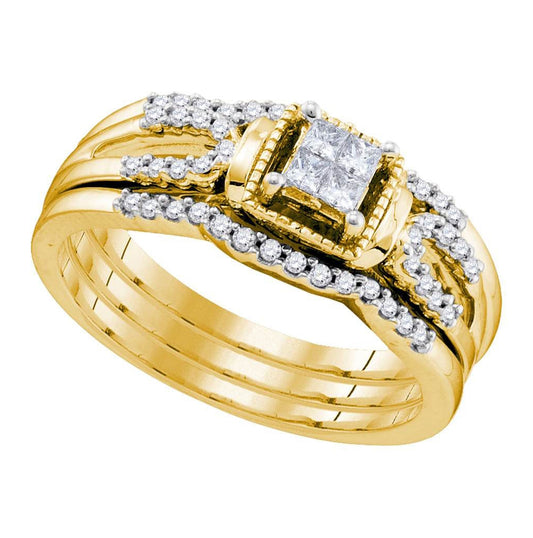 10kt Yellow Gold Womens Princess Diamond Bridal Wedding Engagement Ring Band Set 1/4 Cttw