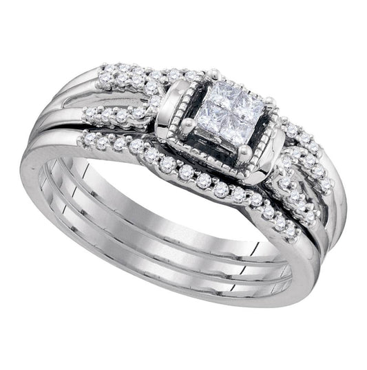 10kt White Gold Womens Princess Diamond 3-piece Bridal Wedding Engagement Ring Band Set 1/4 Cttw