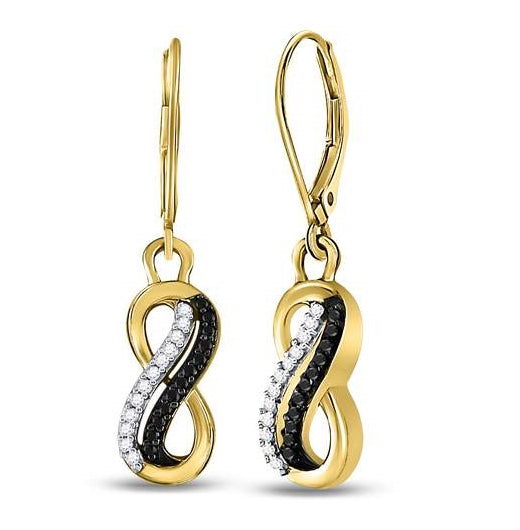 10kt Yellow Gold Womens Round Black Color Enhanced Diamond Infinity Dangle Earrings 1/5 Cttw