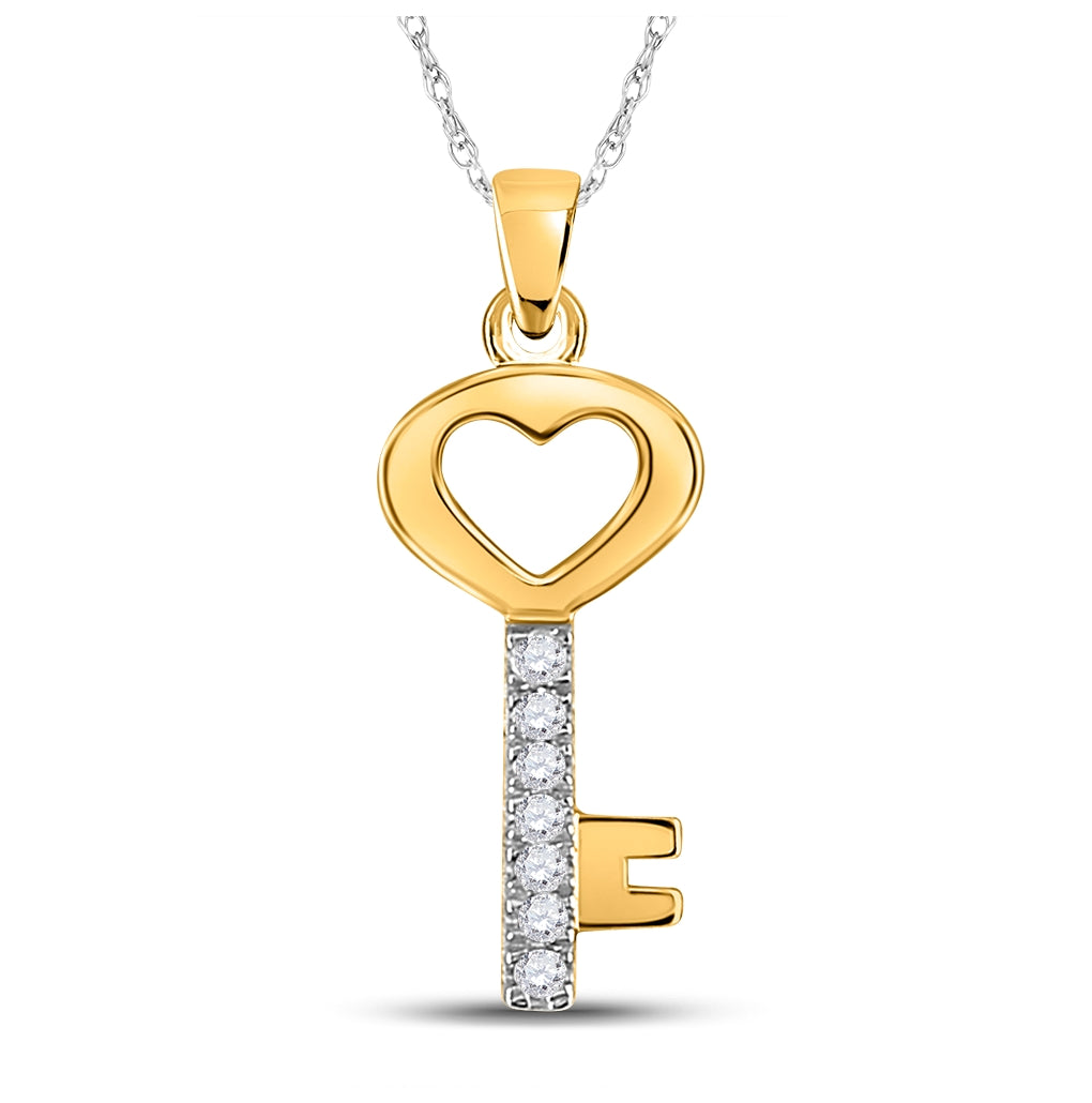 10K Yellow Gold Womens Round Diamond Key Heart Pendant 1/20 Cttw