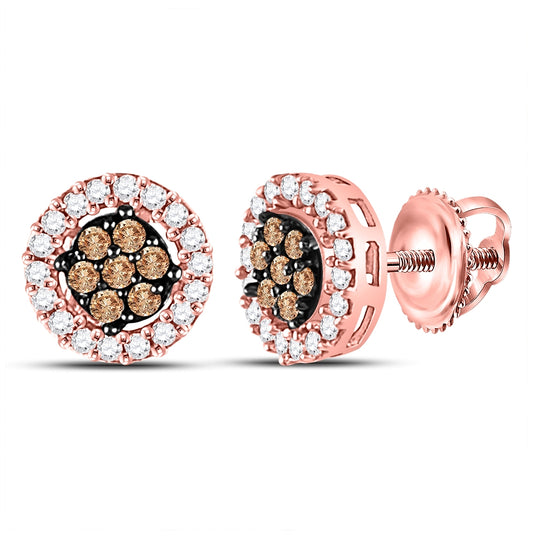 10K Rose Gold Womens Round Brown Diamond Flower Cluster Earrings 1/4 Cttw, Length: 0.26 In, Width: 0.26 In