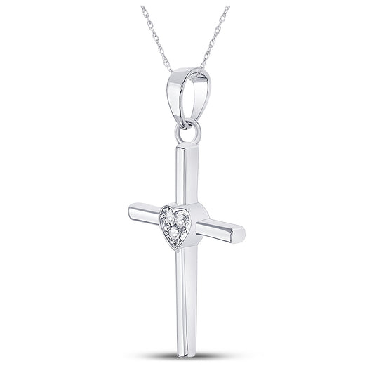 Sterling Silver Womens Round Diamond Heart Cross Pendant .03 Cttw, Length: 1.06 In, Width: 0.57 In