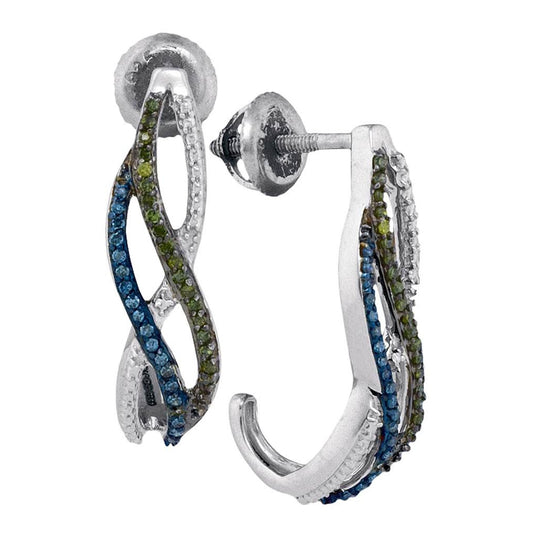 10K White Gold Womens Round Green Blue Color Enhanced Diamond Half J Hoop Earrings 1/4 Cttw