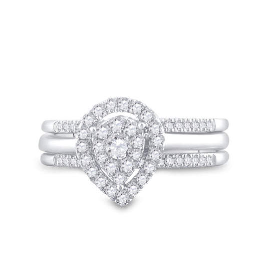 14k White Gold Round Diamond Teardrop Cluster 3-piece Bridal Wedding Engagement Ring Set 1/2 Cttw