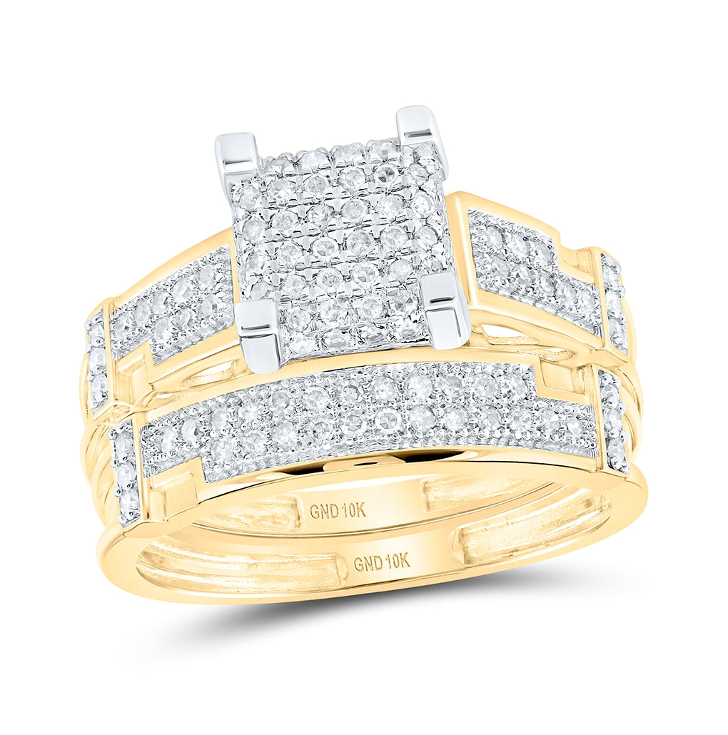10K Yellow Gold His Hers Round Dia. Square Matching Wedding Set 1/2ctw, Women's Size: 5-10, Mens Size: 7-13