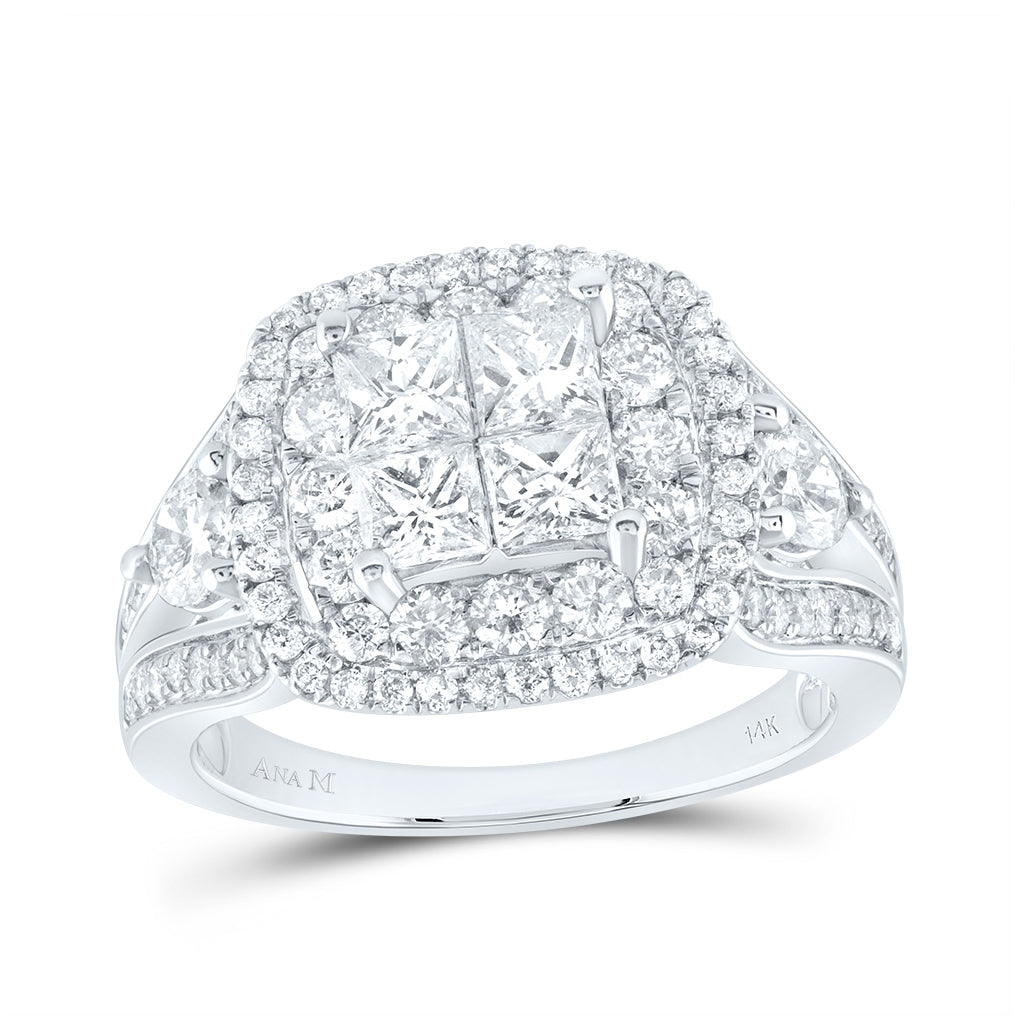 14kt White Gold Womens Princess Diamond Cluster Bridal Wedding Engagement Ring 2.00ctw