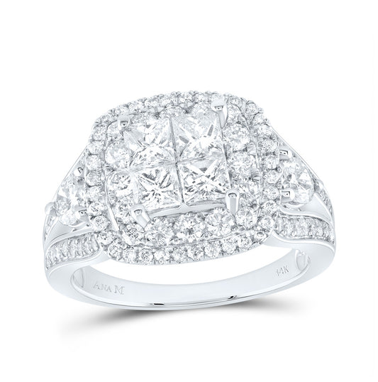 14kt White Gold Womens Princess Diamond Cluster Bridal Wedding Engagement Ring 2.00ctw