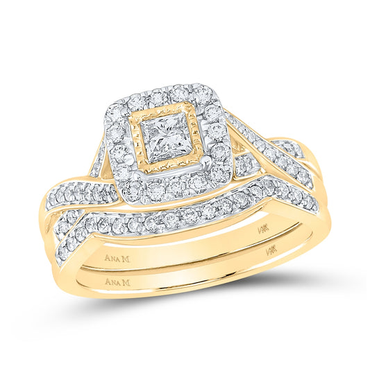 14K Yellow Gold Princess Diamond Halo Bridal Wedding Ring Band Set 5/8 Cttw, Womens Size: 5-10