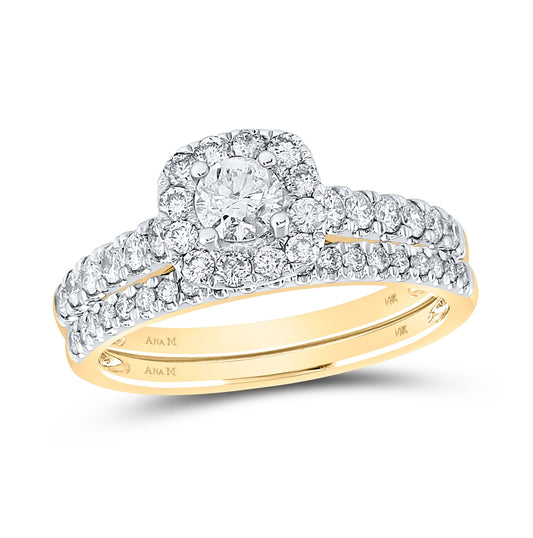 14K Yellow Gold Round Diamond Halo Bridal Wedding Band Set 1 ctw, Women's Sz: 5-10