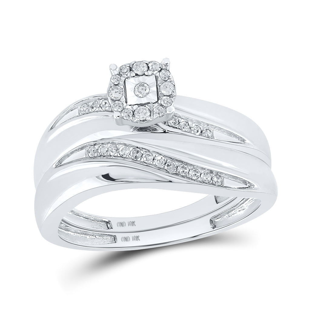 10k White Gold Round Diamond Mens Womens Trio Matching Halo Wedding Bridal Ring Set 1/5 Cttw, Womens Size: 5-10, Mens Size: 7-13
