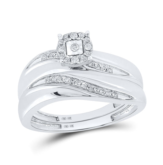 10k White Gold Round Diamond Mens Womens Trio Matching Halo Wedding Bridal Ring Set 1/5 Cttw, Womens Size: 5-10, Mens Size: 7-13