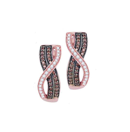 10kt Rose Gold Womens Round Brown Diamond Vertical Crossover Stripe Hoop Earrings 1/2 Cttw