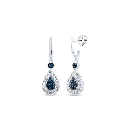10K White Gold Womens Round Blue Color Enhanced Diamond Teardrop Dangle Earrings 1/2 Cttw