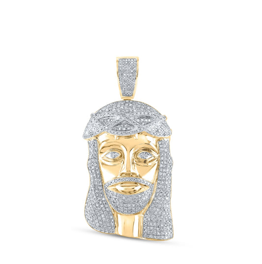 10kt Yellow Gold Mens Round Diamond Jesus Face Charm Pendant 3.00 Cttw