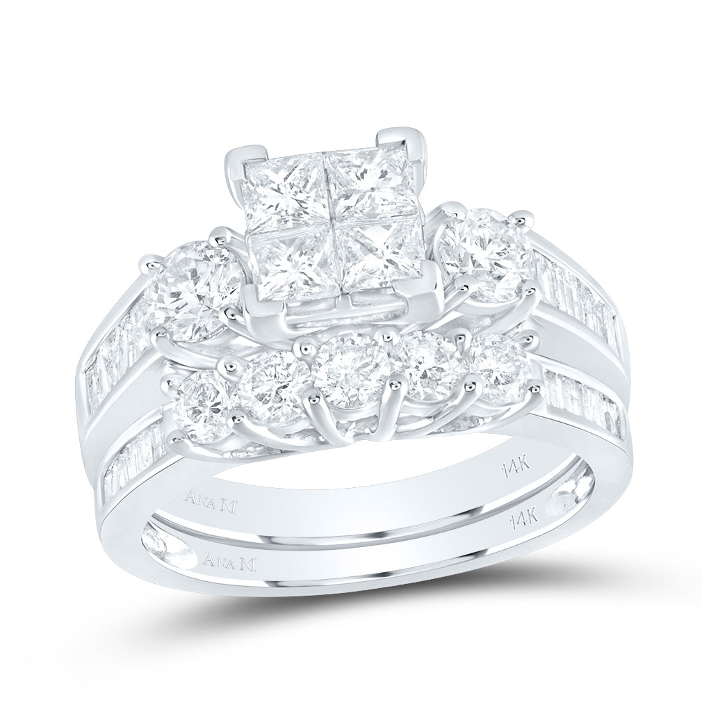 14K White Gold Princess Diamond Cluster Bridal Wedding Ring Band Set 2 Cttw, Womens Size: 5-10