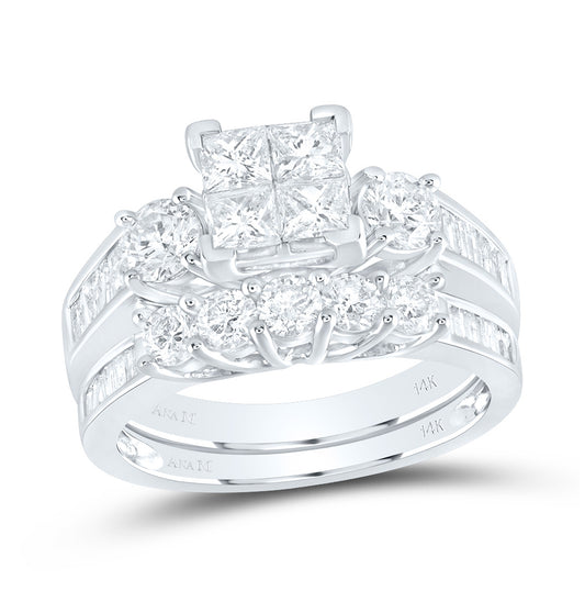 14K White Gold Princess Diamond Cluster Bridal Wedding Ring Band Set 2 Cttw, Womens Size: 5-10