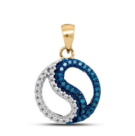 10kt Yellow Gold Womens Round Blue Color Enhanced Diamond Circle Ying Yang Pendant 1/10 Cttw