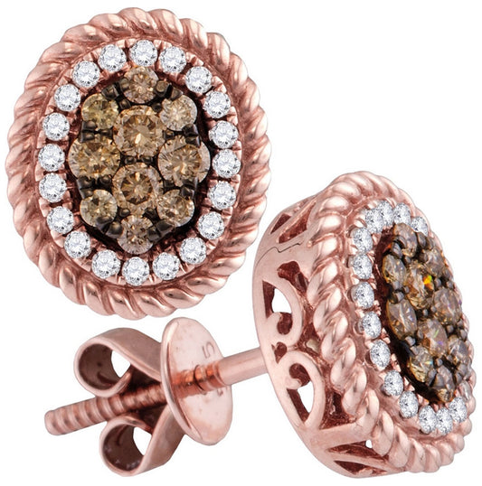 14kt Rose Gold Womens Brown Diamond Oval Cluster Earrings 3/8 Cttw