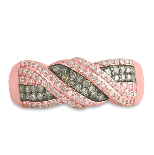 10K Rose Gold Womens Round Brown Diamond Crossover Band Ring 3/8 Cttw, Womens Size: 5-10