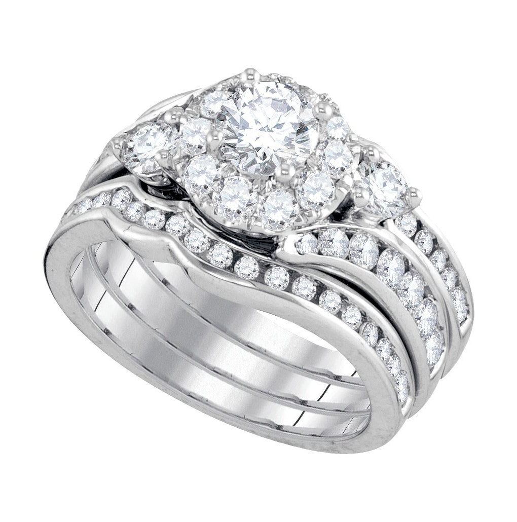 14K White Gold Round Diamond 3-Piece Bridal Wedding Ring Band Set 2 Cttw, Womens Size: 5-10