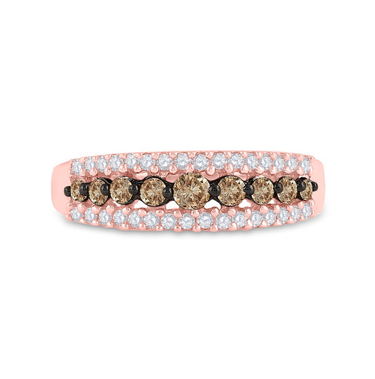 14K Rose Gold Womens Round Brown Diamond Triple Row Band Ring 1/2 Cttw, Womens Size: 5-10